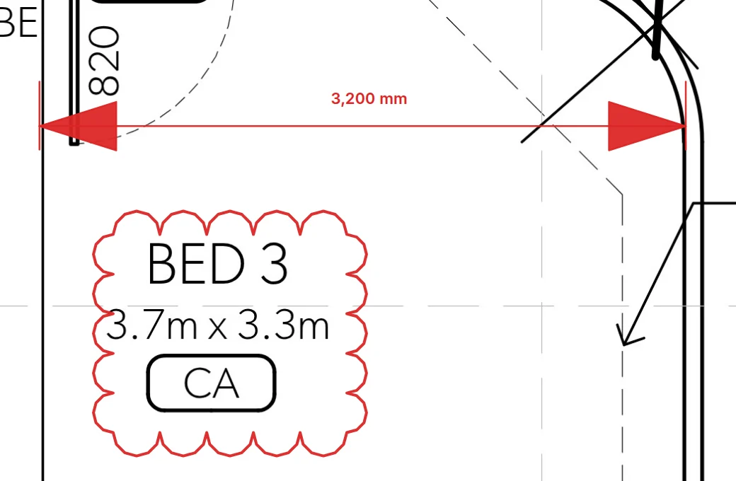 A revision cloud around the room label and a 3,200 mm dimension across the bedroom, drawn on the plan