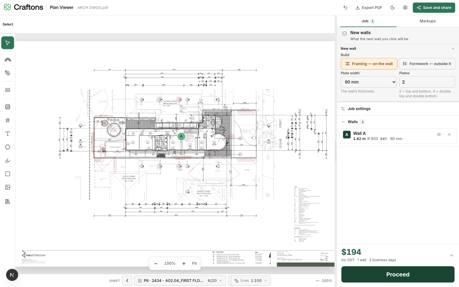 The Plan Viewer workspace: a first floor plan open with a curved wall picked and its plates in the job panel